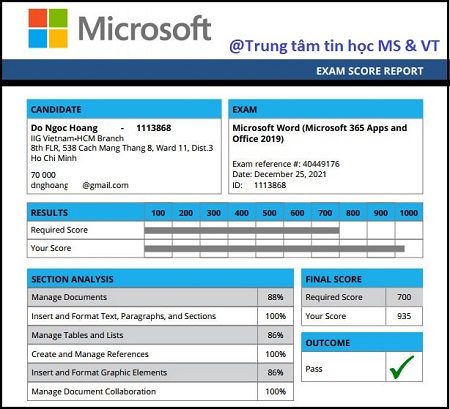 Bảng điểm MOS Word 2019